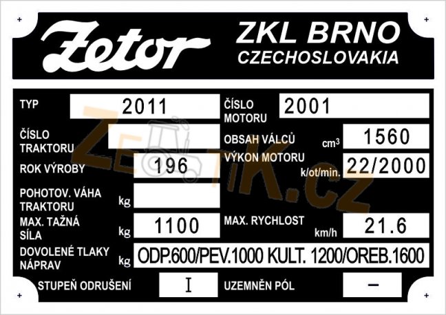 Výrobní štítek Zetor 2011 pol
