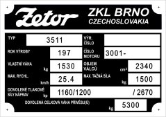 Výrobní štítek Zetor 3511 váha 1530kg rok 197