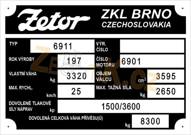 Výrobní štítek Zetor 6911 ZKL rok 197