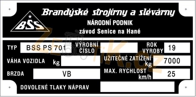 Výrobní štítek vlek BSS 7t