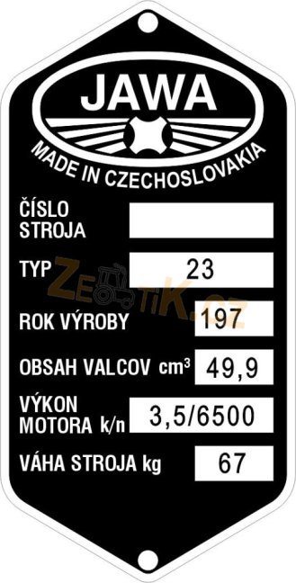 Štítek výrobní Jawa 23 rok 197 67kg