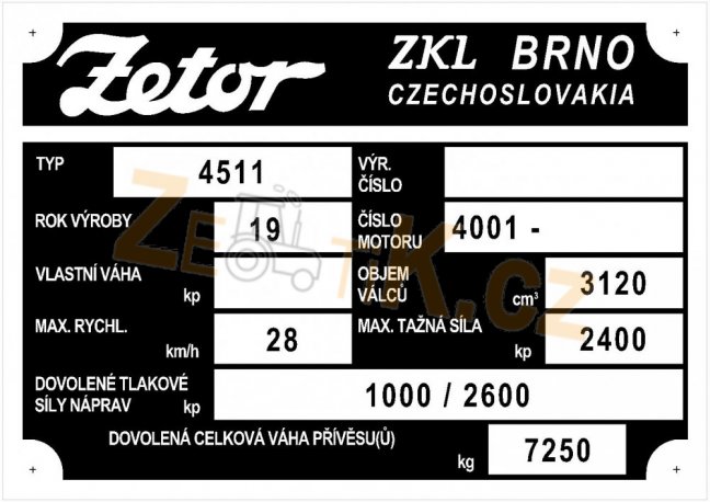 Výrobní štítek Zetor 4511