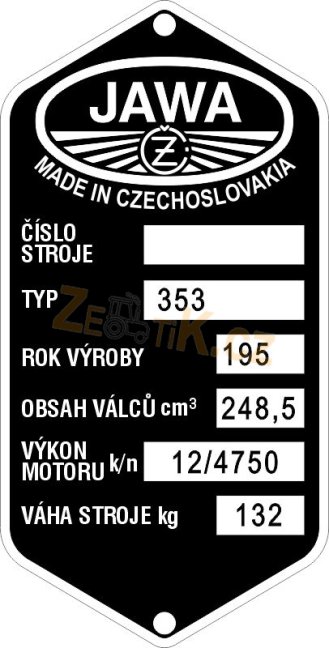 Štítek výrobní Jawa 353 132kg