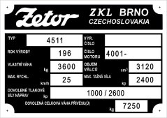 Výrobní štítek Zetor 4511 hm. 3600kg