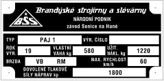 Výrobní štítek BSS PAJ1 580kg