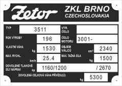 Výrobní štítek Zetor 3511 váha 1530kg rok 196