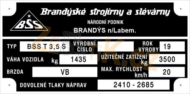 Výrobní štítek vlek BSS T 3,5 S - Výrobce: BSS Brandýs n/L