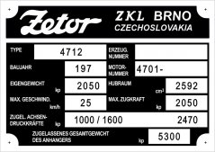 Výrobní štítek Zetor 4712 DE