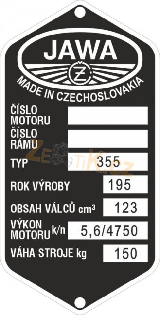 Štítek výrobní Jawa 355, rok 195,150kg