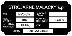 Výrobní štítek Strojárne Malacky MV5 - 014