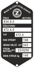 Štítek výrobní Jawa ČZ 472.4