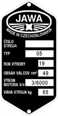 Štítek výrobní Jawa 05 rok 19