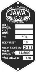 Štítek výrobní Jawa 590