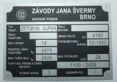 Výrobní štítek Zetor 50 SUPER