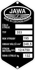 Štítek výrobní Jawa 353 132kg