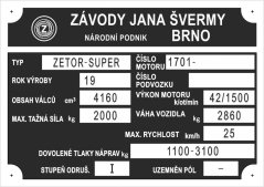 Výrobní štítek Zetor SUPER 2860kg