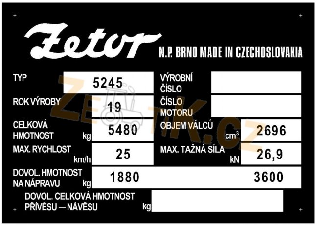 Výrobní štítek Zetor 5245