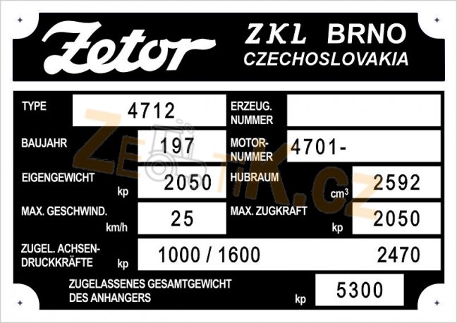 Výrobní štítek Zetor 4712 DE