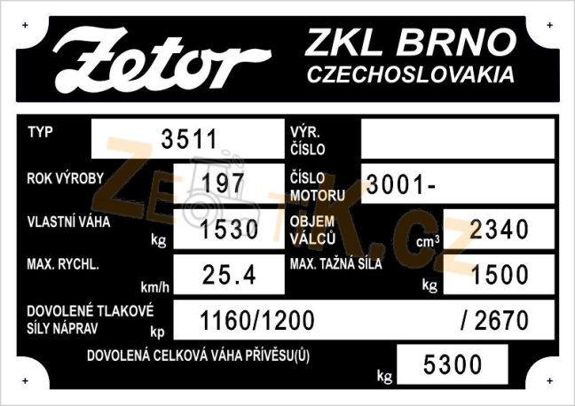 Výrobní štítek Zetor 3511 váha 1530kg rok 197