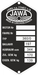 Štítek výrobní Jawa 360/0 německý