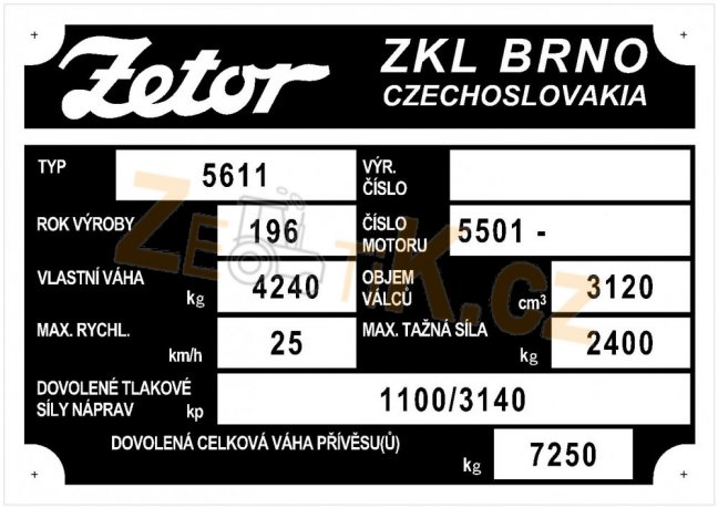 Výrobní štítek Zetor 5611 rok 196