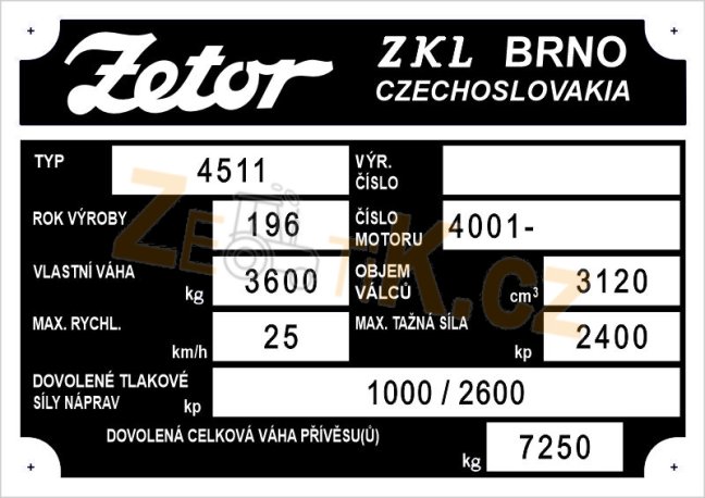 Výrobní štítek Zetor 4511 hm. 3600kg