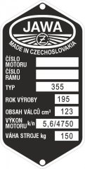 Štítek výrobní Jawa 355, rok 195,150kg