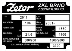 Výrobný štítok Zetor 2011
