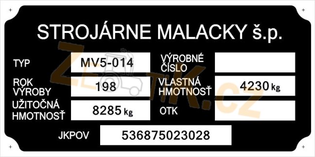 Výrobní štítek Strojárne Malacky MV5 - 014