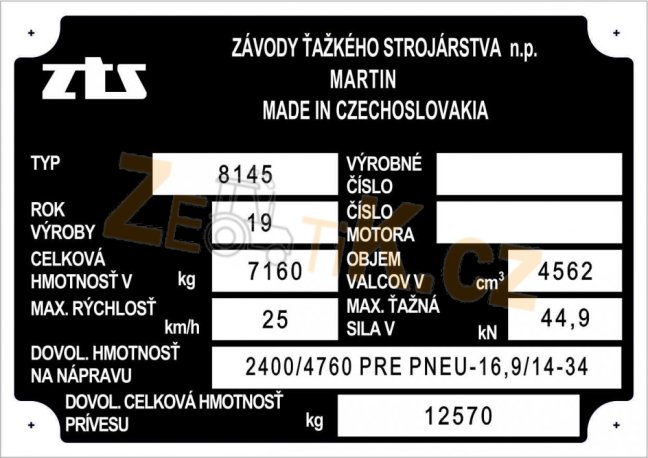 Výrobní štítek Crystal ZKL 8145, 7160kg