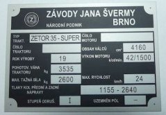 Výrobný štítok Zetor 35 SUPER