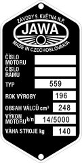Štítek výrobní Jawa 559