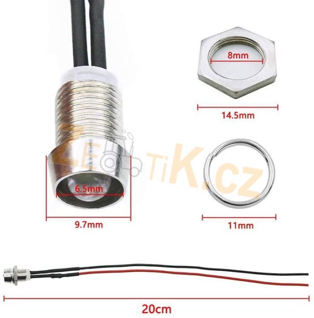 kontrolka 12V LED červená do otvoru 8mm kovová s vodiči