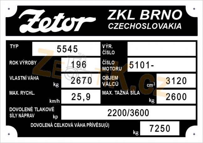 Výrobní štítek Zetor 5545