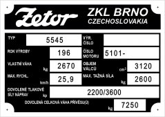 Výrobní štítek Zetor 5545