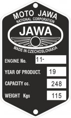Štítek výrobní MOTO Jawa anglický