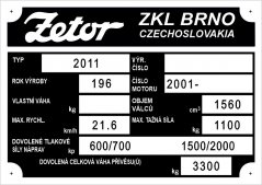 Výrobní štítek Zetor 2011