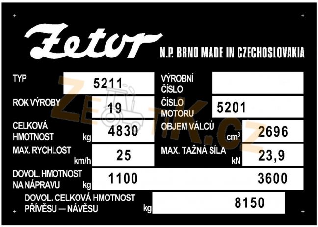 Výrobní štítek Zetor 5211