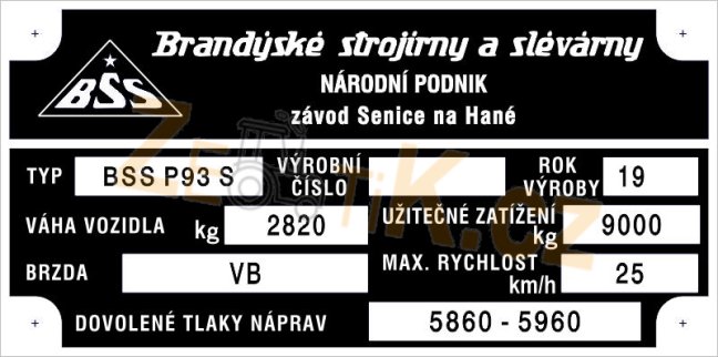Výrobní štítek vlek BSS P93S 9t rok 19