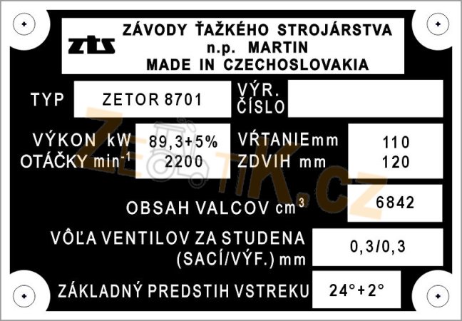 Výrobní štítek ZTS Martin motor 6V Typ 8701