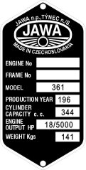 Štítek výrobní Jawa 361 anglický