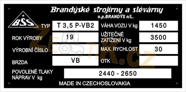 Výrobní štítek vlek BSS T3,5 P-VB2
