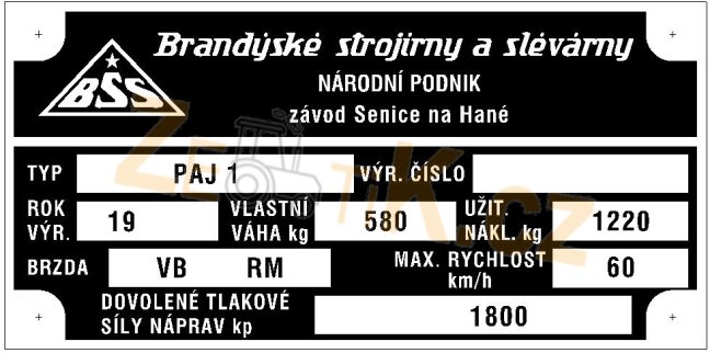 Výrobní štítek BSS PAJ1 580kg