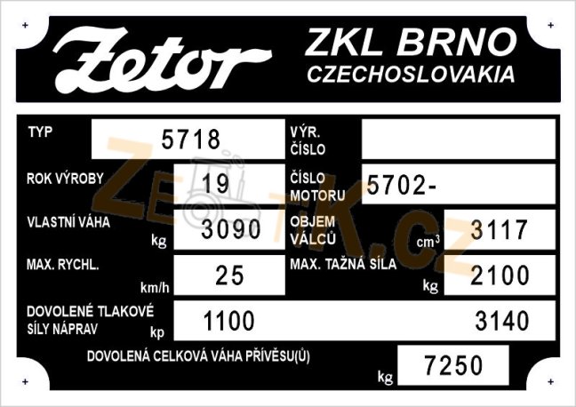 Výrobní štítek Zetor 5718