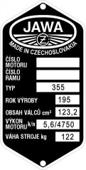 Štítek výrobní Jawa 355, rok 195,122kg