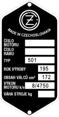 Štítek výrobní  ČZ 501 rok 195