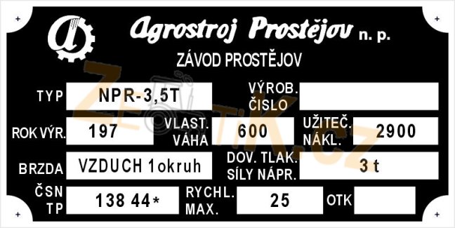 Výrobní štítek vleky Agrostroj z. Prostějov - Typ: NPR-3,5T