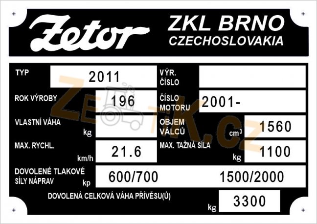 Výrobní štítek Zetor 2011