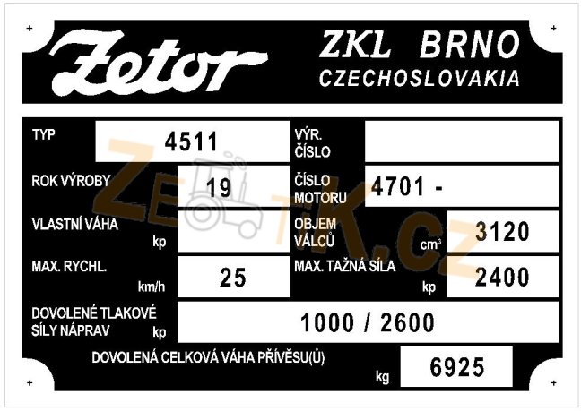 Výrobní štítek Zetor 4511 motor 4701