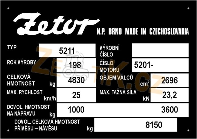 Výrobní štítek Zetor 5211